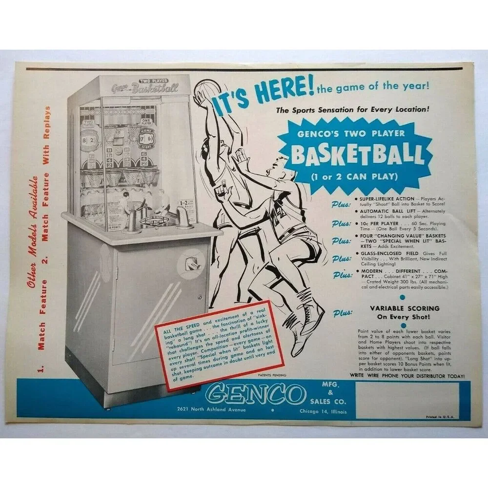 Two Player Basketball Arcade Flyer Genco Original 1954 Manikins Game Artwork